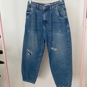 Zara Medium Blue Distressed Barrel Jeans